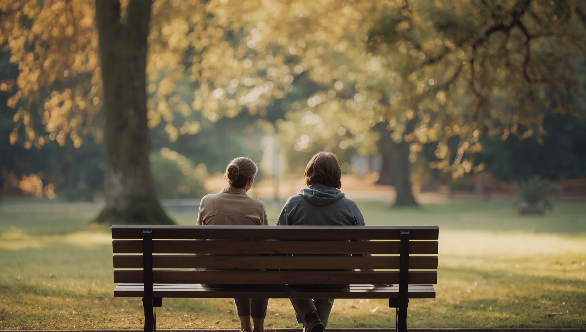 Two people in a supportive conversation on a park bench outdoors